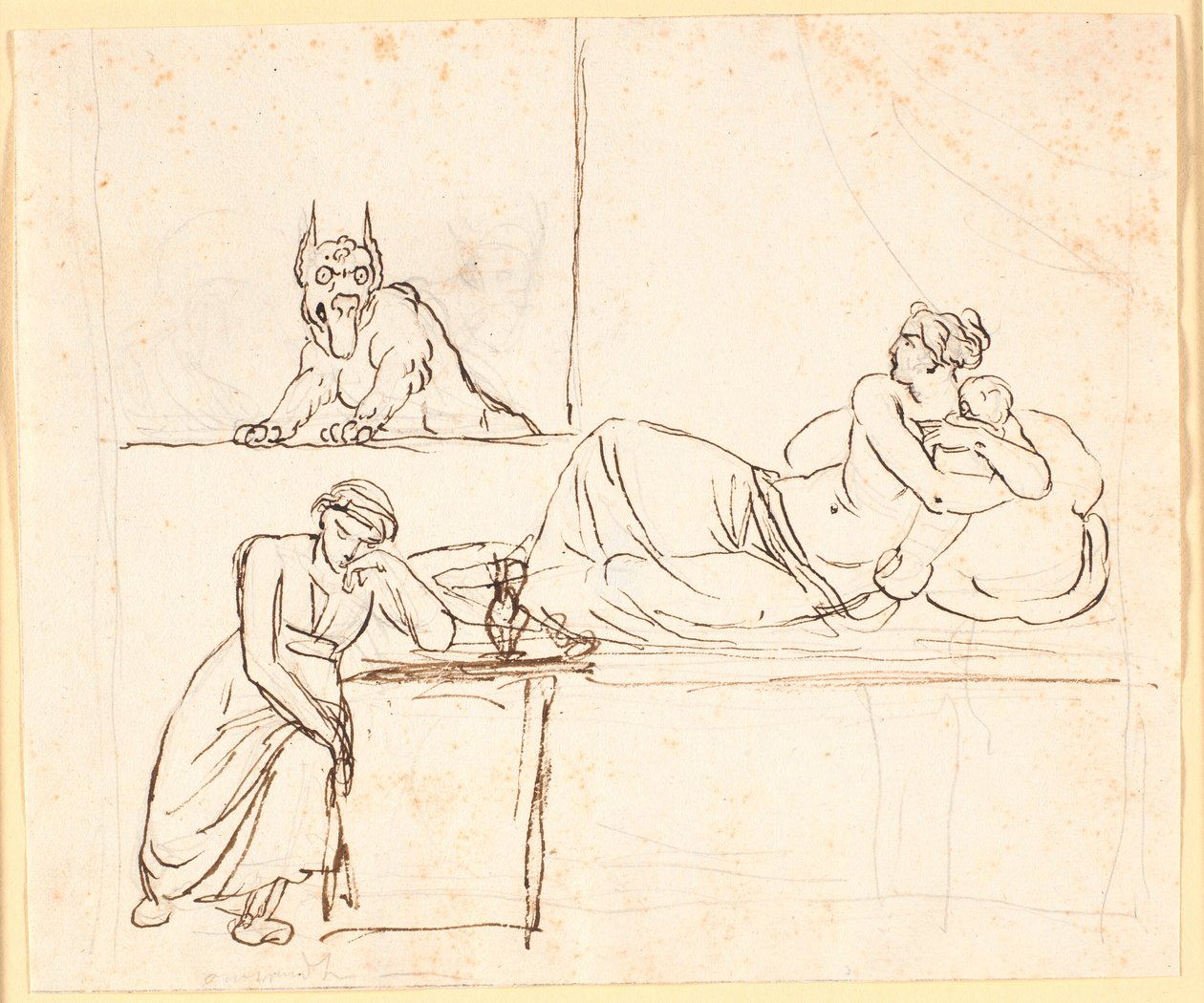 A Woman Lying with an Infant on a Bed, Sees a Monster Appearing in the Window. At the Foot of the Bed Sits a Sleeping Woman by Nicolai Abildgaard