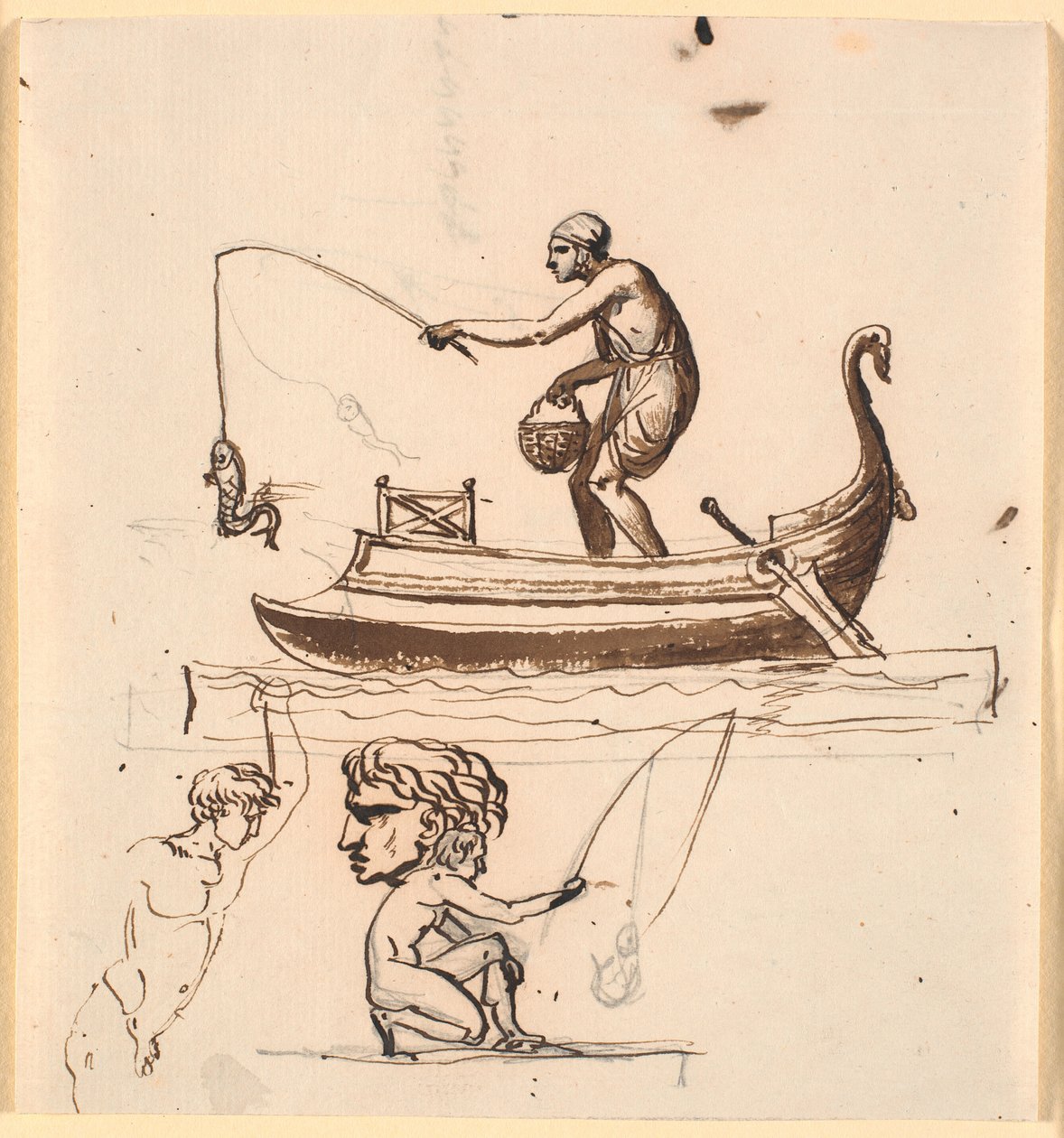 A Man in a Boat, Lifting a Fish on a Line. Below a Sketch of a Fisherman, a Head, and a Naked Man by Nicolai Abildgaard