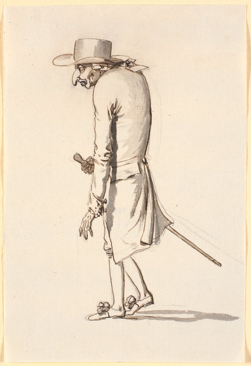 Caricature of a Hunched Man Walking to the Left with a Cane in His Right Hand by Nicolai Abildgaard