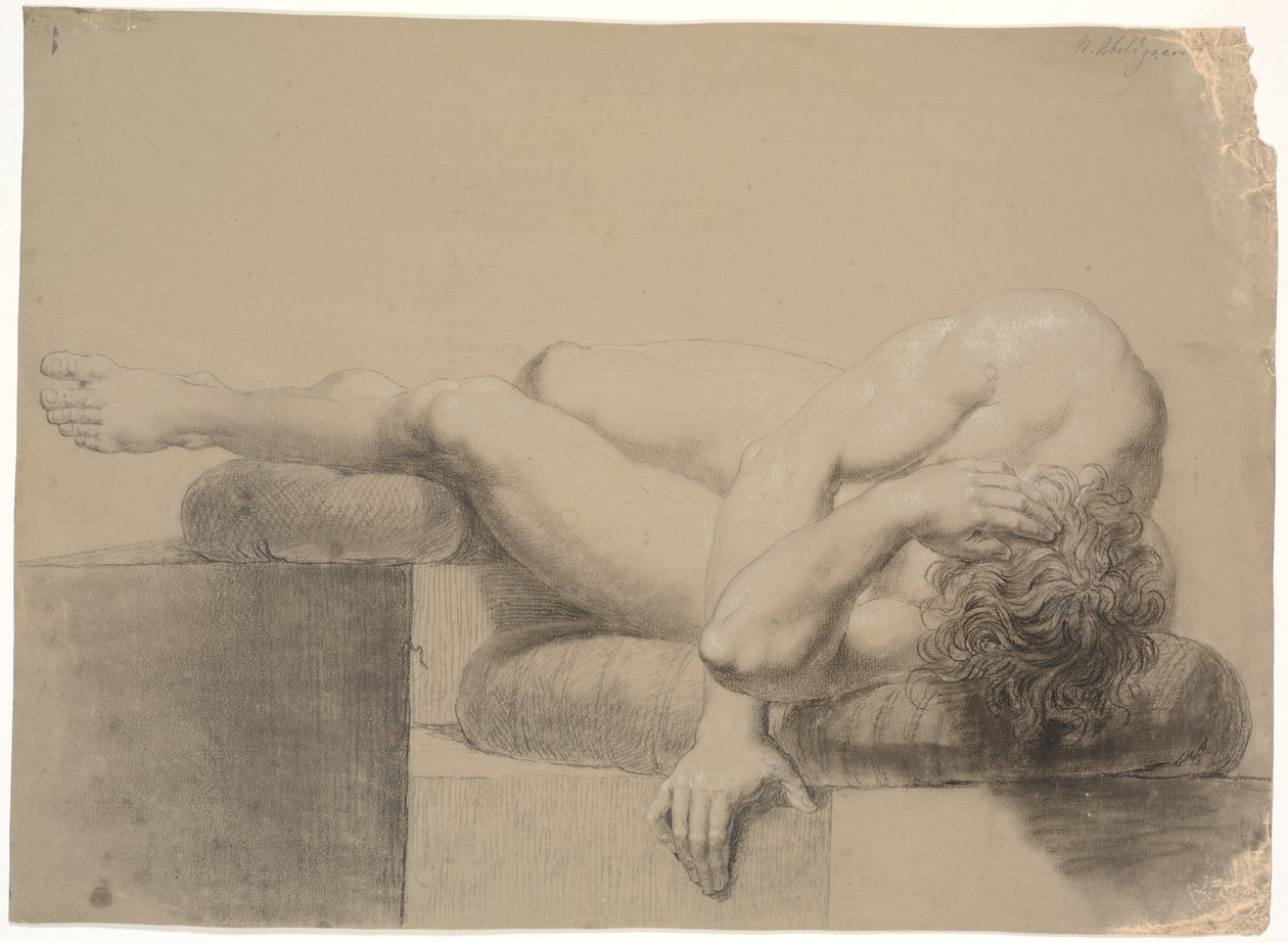 Reclining Model. To the Left. Head and Upper Body Resting on a Pillow, Legs Raised and Left Leg Resting on Another Pillow by Nicolai Abildgaard