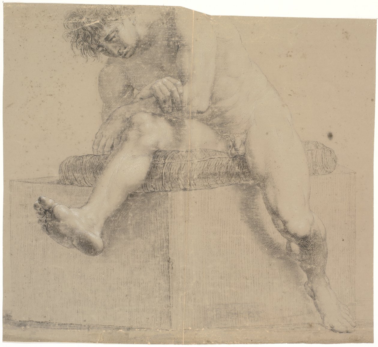 Seated Model on Low Plinth with Pillow. Arms Crossed. Left Leg Bent, Right Leg Extended by Nicolai Abildgaard