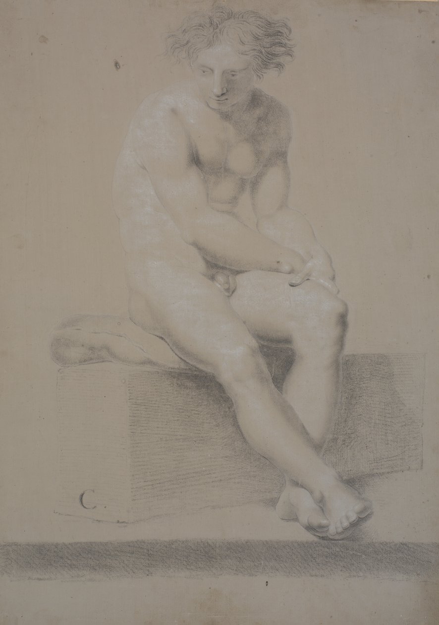 Seated Model on Plinth with Pillow. Hands Meeting Over Left Thigh. Feet Crossed by Nicolai Abildgaard