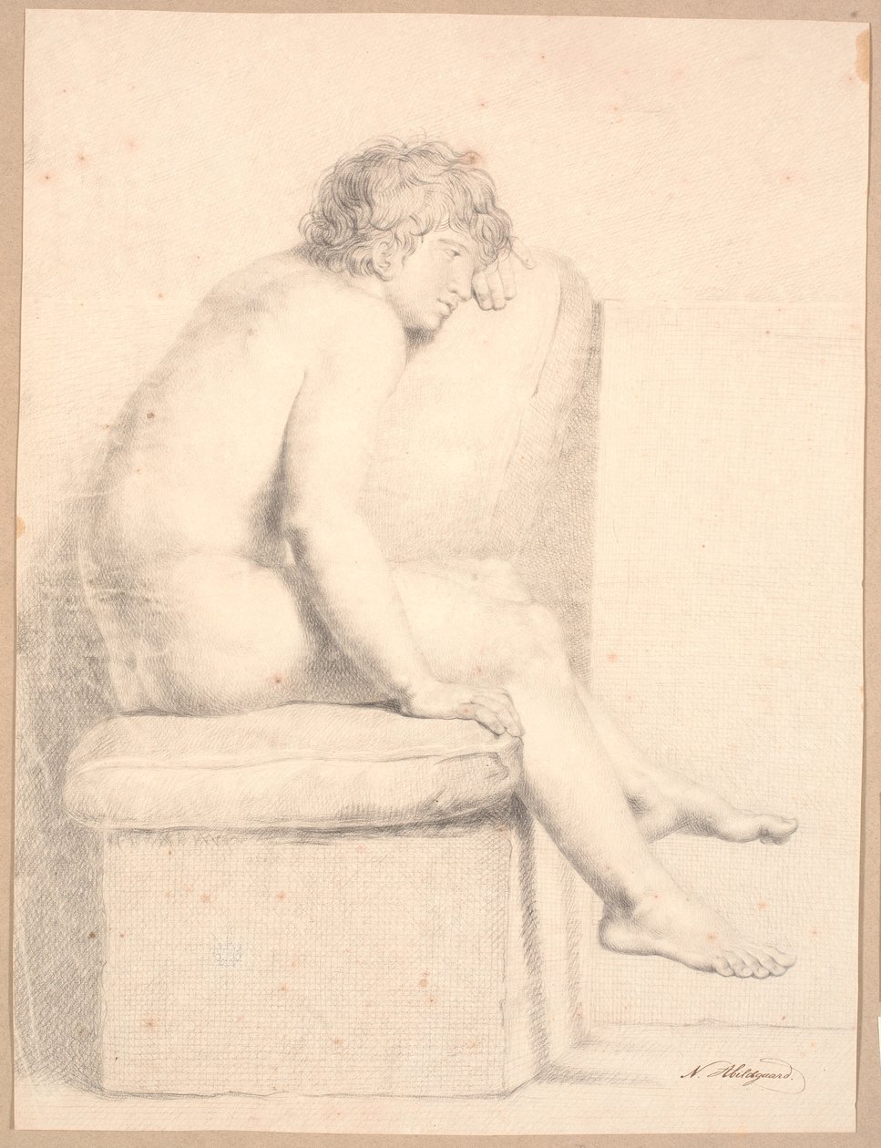 Seated Model on Plinth with Cushion. Profile to the Right. Head Supported by Left Arm. Legs Do Not Reach the Floor by Nicolai Abildgaard