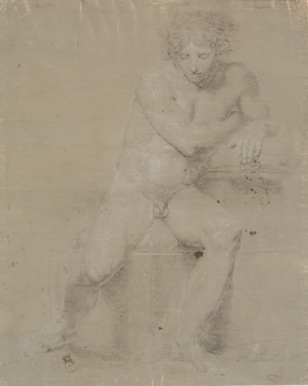 Seated Model on Plinth with Cushion. Seen from the Front. Right Hand Under Left Armpit by Nicolai Abildgaard