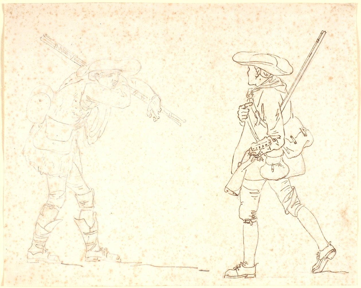 Two Walking Male Figures, One Dressed as a Hunter, the Other Carrying a Bundle of Sticks by Nicolai Abildgaard