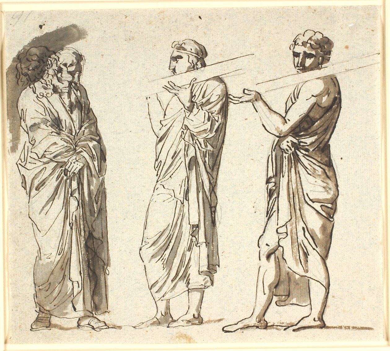 Three Standing Men, Two Younger Carrying a Plank on Their Shoulders, the Third Older in a Thoughtful Position by Nicolai Abildgaard