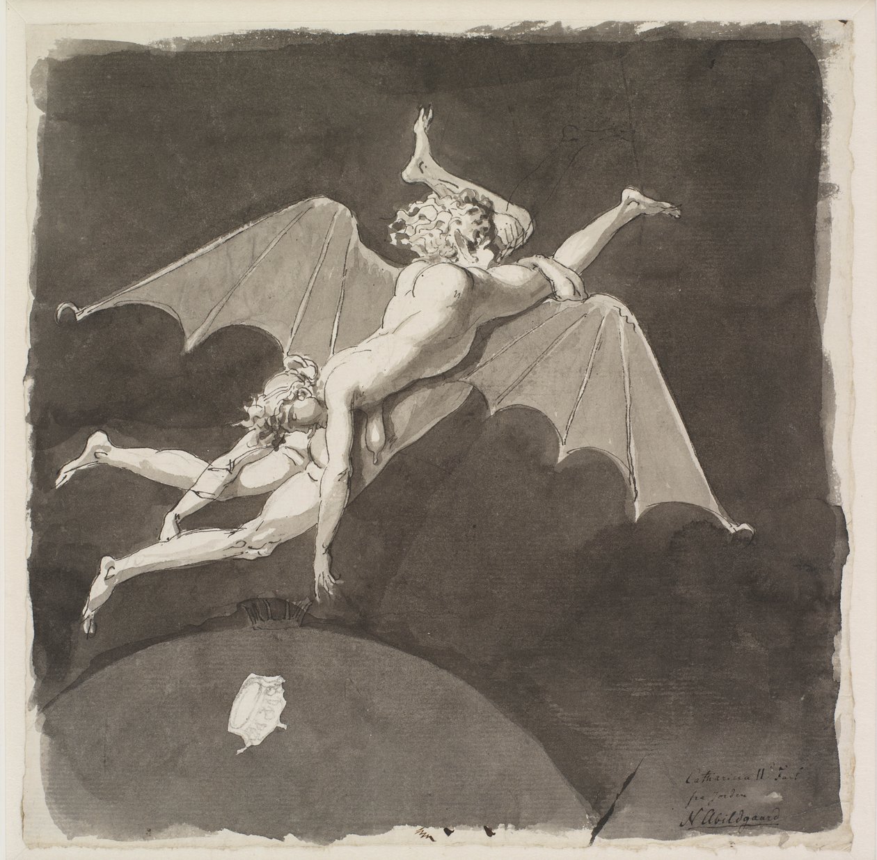 Catherine the Great, naked, flying away from the Earth on the Back of a Man with Bat Wings, 18th century by Nicolai Abraham Abildgaard