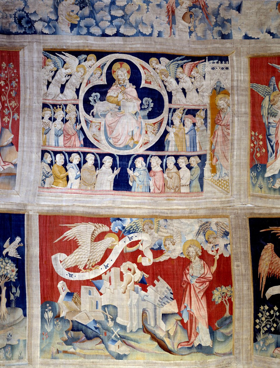 Curtain of Revelation: God and the Lamb, symbol of Christ. Below, the three angels liberate the powers by Nicolas Bataille