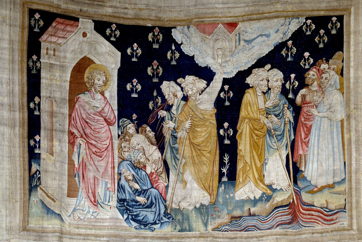 Hanging of Revelation (1373-1383), n. 28: the miracle. Faithful servants of God and prophets look at the river turned into blood. Tapestry by Nicolas Bataille (1330-1405) by Nicolas Bataille