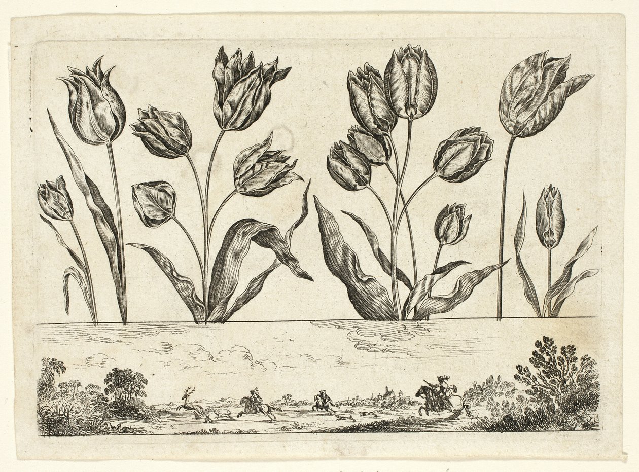 Flowers and Hunting Scene, from Livre Nouveau de Fleurs by Nicolas Cochin