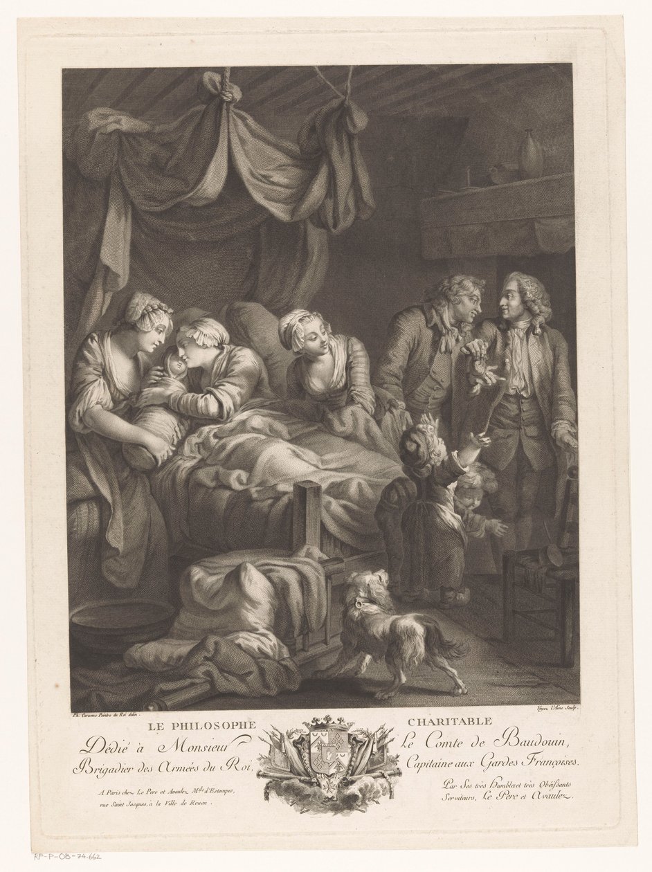 Woman with Baby in a Maternity Bed, Surrounded by Other Figures (Le Philosophe Charitable) by Nicolas Joseph Voyez