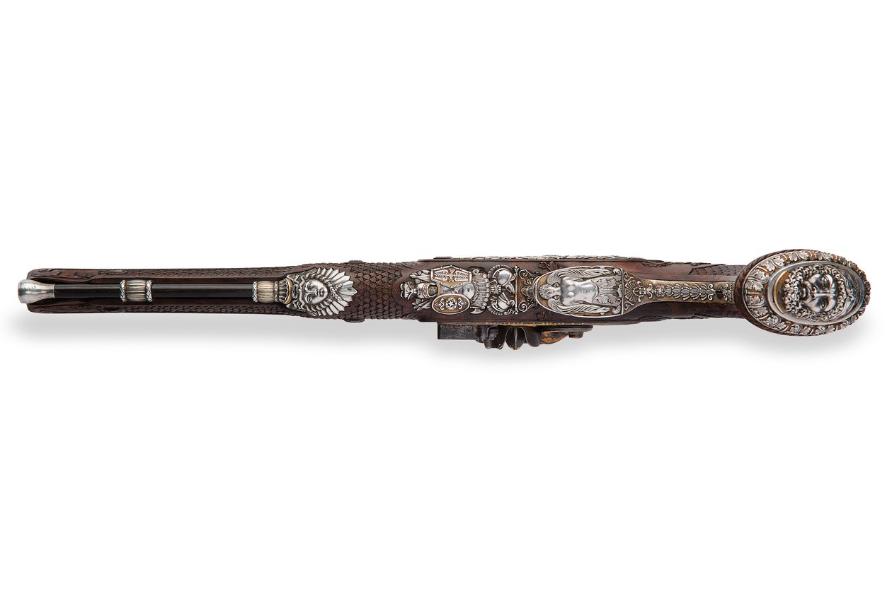 One of a Pair of Silver-Mounted Rifled Flintlock Pistols, Versailles by Nicolas Noel Boutet