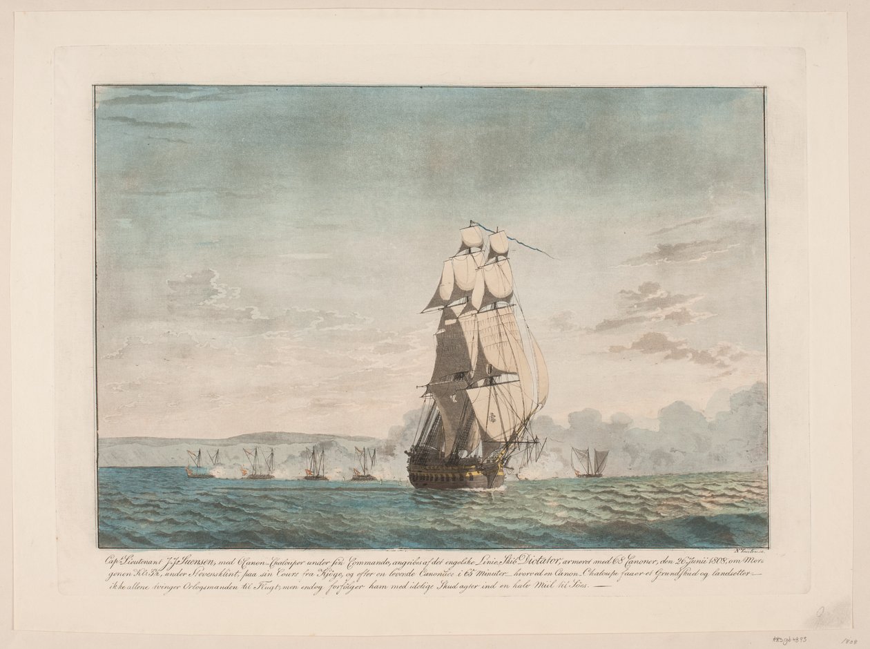 The Battle Between 6 Danish Gunboats and the English Ship of the Line "Dictator" by Niels Truslew
