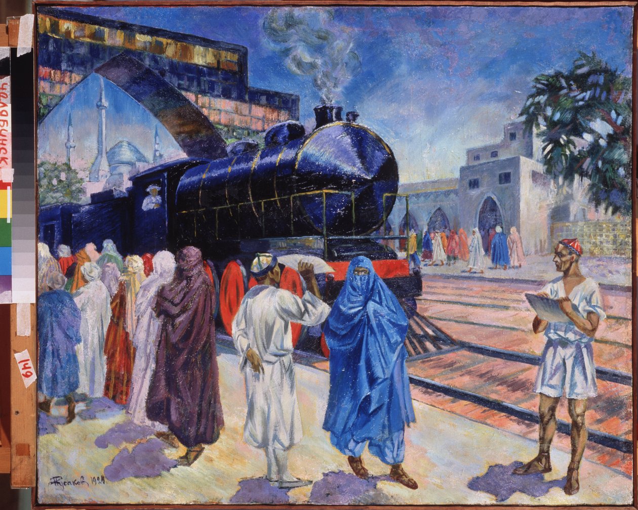 The First Train. In a Central Asian Station, with a Mosque in the ...