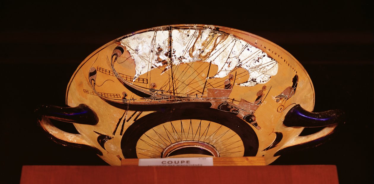 (detail) of the outside of an Attic black-figure cup depicting a Greek sailing ship, c.520 BC by Nikosthenes
