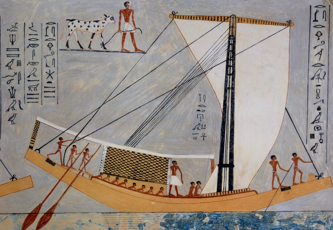 Sailboat and oars, copy of fresco from Tomb of Kaemronkh VI, Giza, 4th Dynasty, plate from Ancient Egyptian Paintings by Nina de Garis Davies