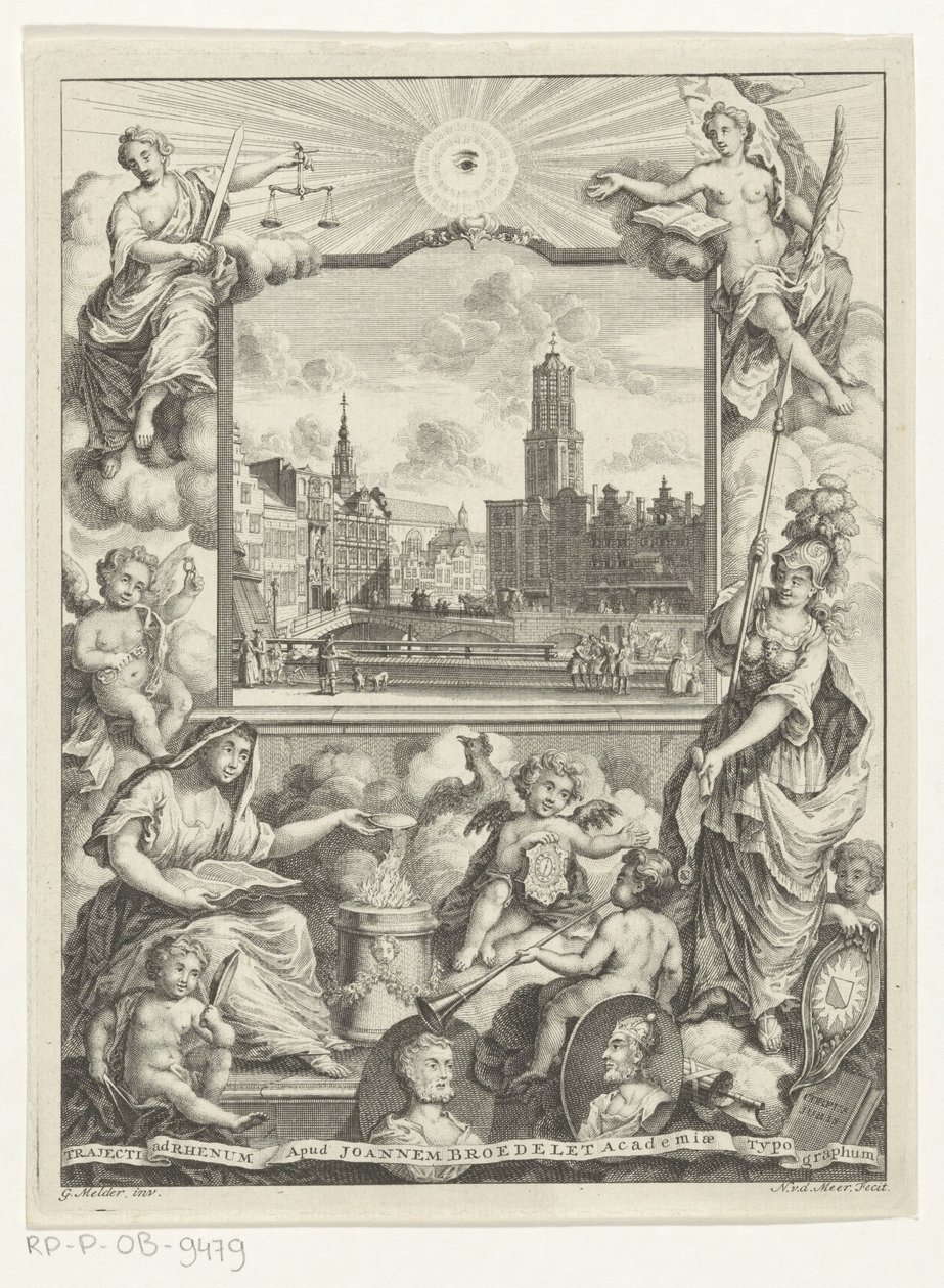 Cityscape with Dom Church in Utrecht and Allegory with Utrecht City Maiden (Title Page for: Elias de Vries, Dissertatio juridica, de jure naturali ac gentium, seu duobus prioribus juris fontibus, 1745) by Noach van der Meer (I)