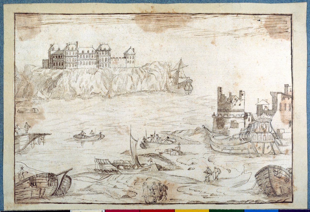 A Castle Surmounting Cliffs, with Studies of Galleons and Fishing Boats