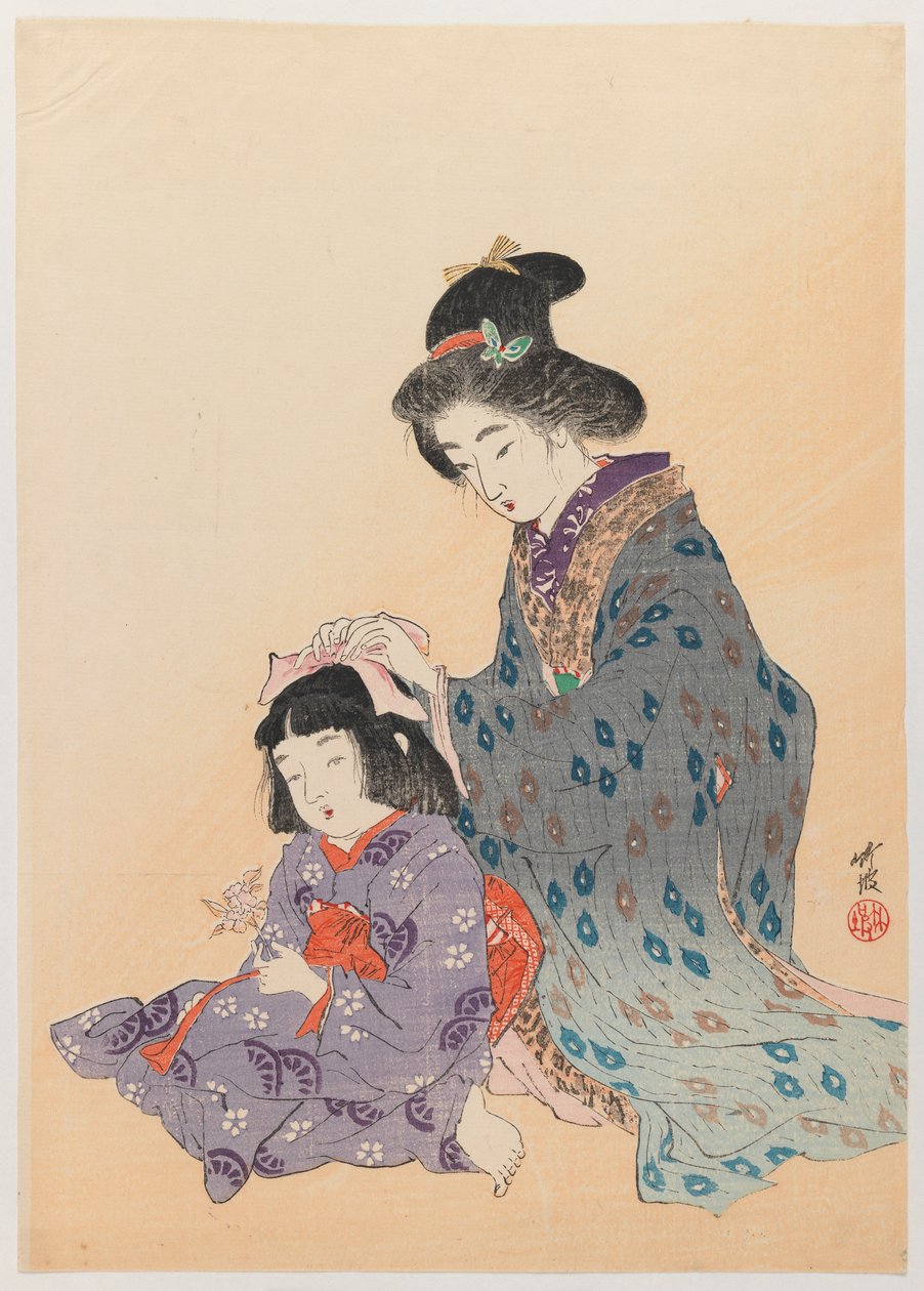 Woman Fixing Girls Hair by Odake Chikuha