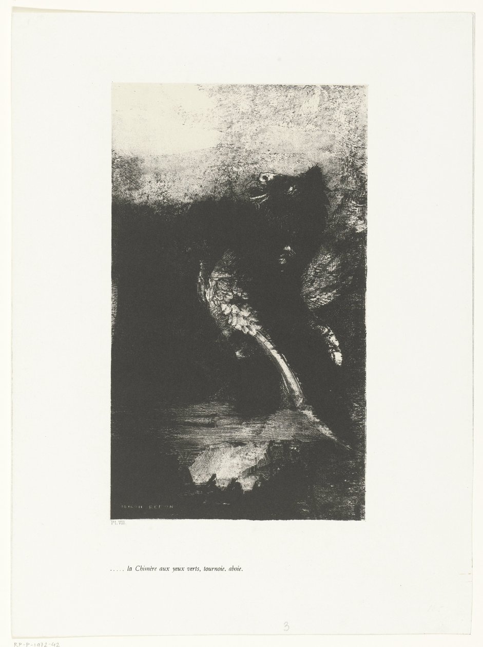 The Chimera with green eyes, screaming, spinning (Temptation of Saint Anthony series) by Odilon Redon