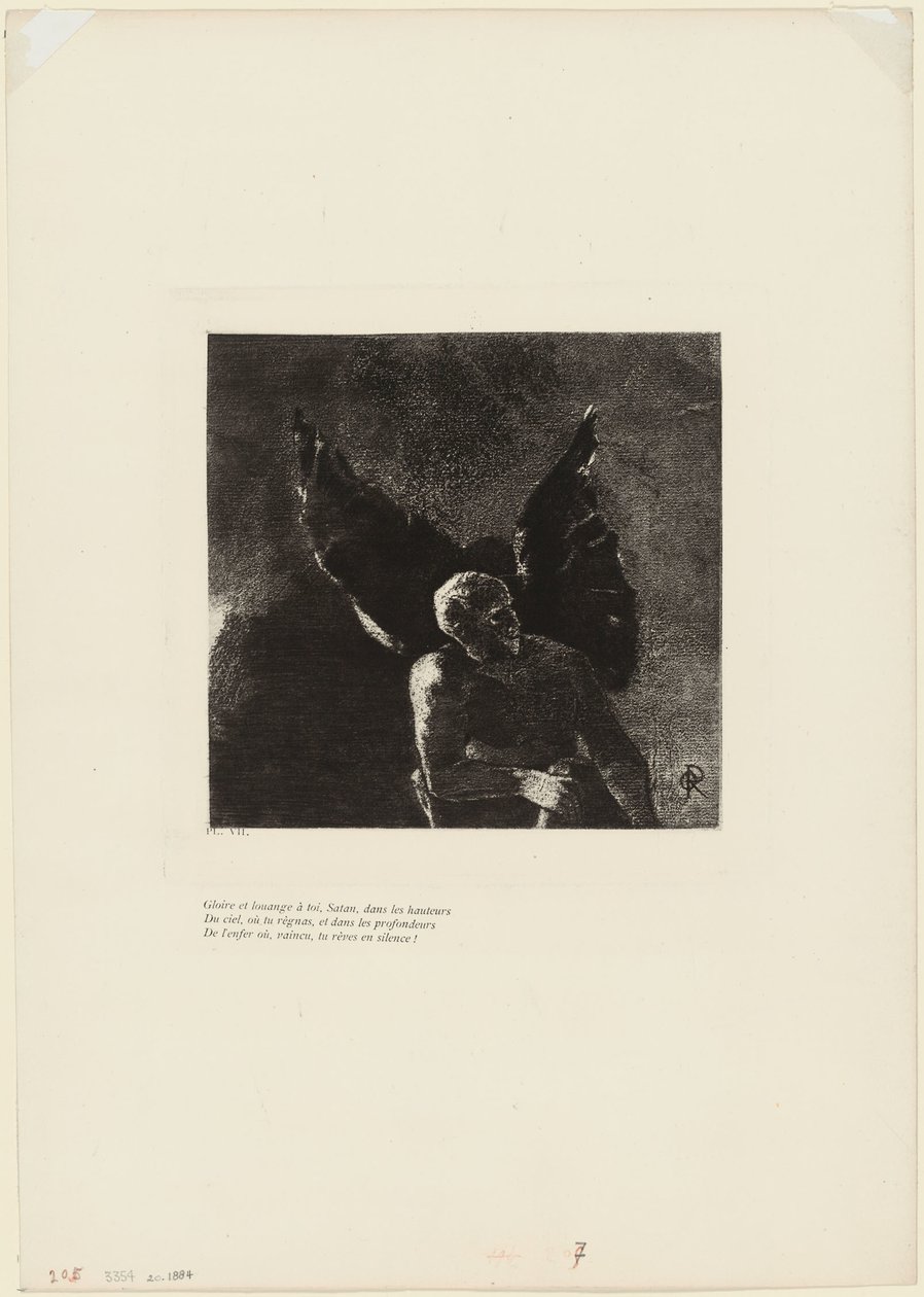 Glory and Praise to You, Satan, in the Heights of Heaven, Where You Reigned, and in the Depths of Hell, Where, Vanquished, You Dream in Silence! (plate 8 of 9) by Odilon Redon