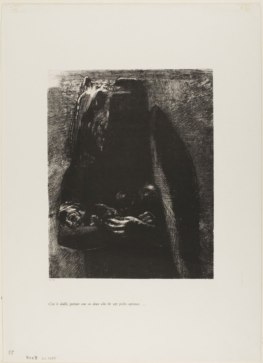It is the Devil, Bearing Beneath his Two Wings the Seven Deadly Sins, plate 2 from The Temptation of Saint Anthony (1st series) by Odilon Redon