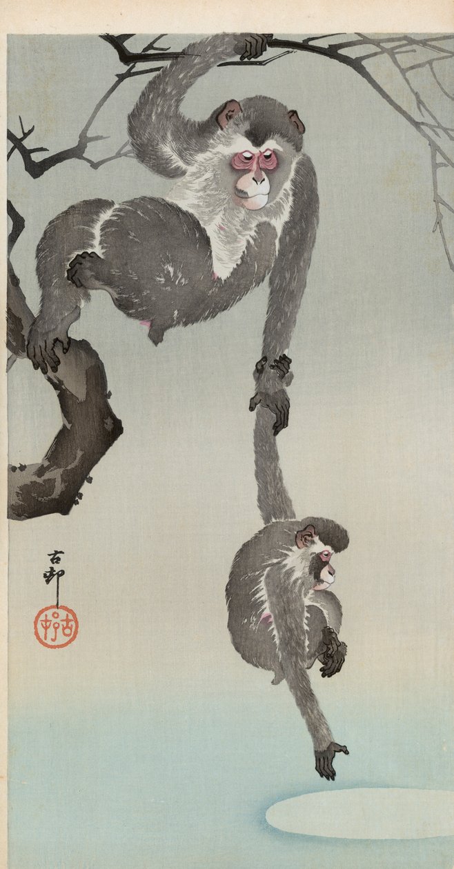 Monkey and baby reaching for the reflection of the moon by Ohara Koson