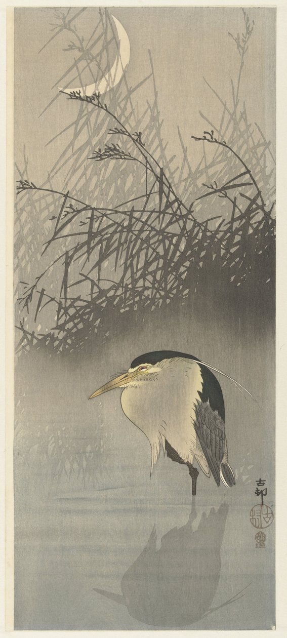 Heron at New Moon by Ohara Koson