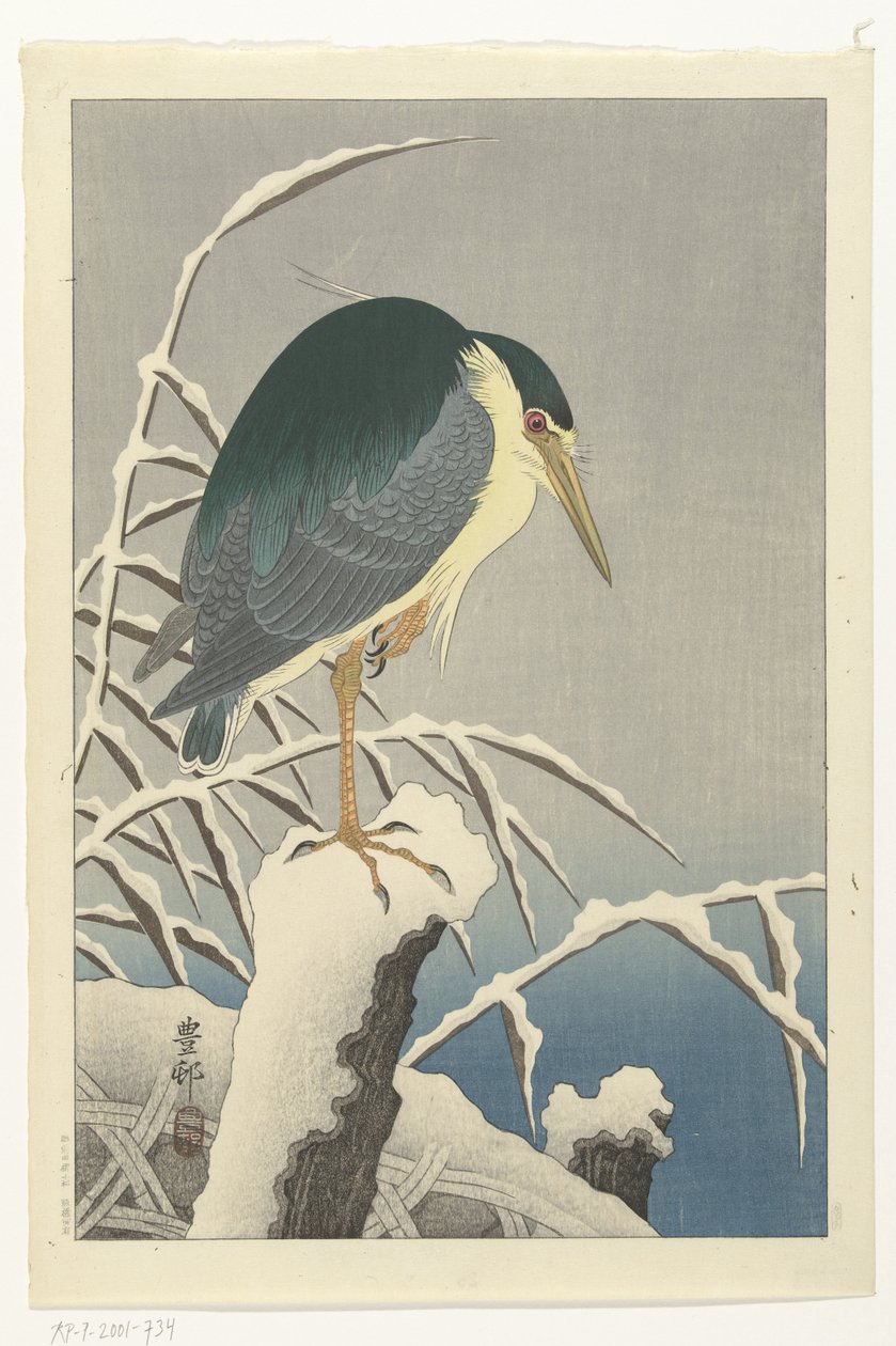 Heron in snow by Ohara Koson
