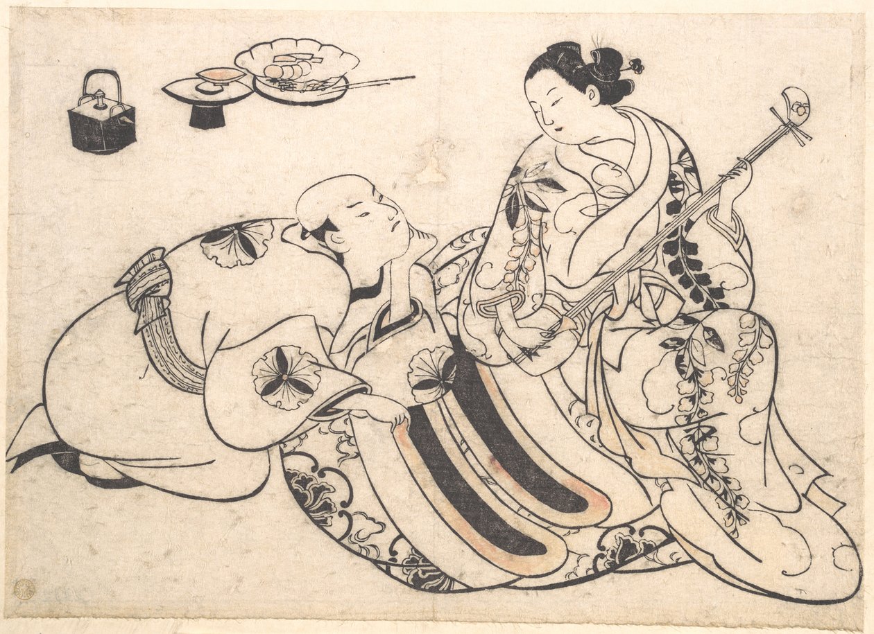 A Man in a Kneeling Posture Bending Forward and Listening to an Oiran who is Playing the Shamisen by Okumura Masanobu