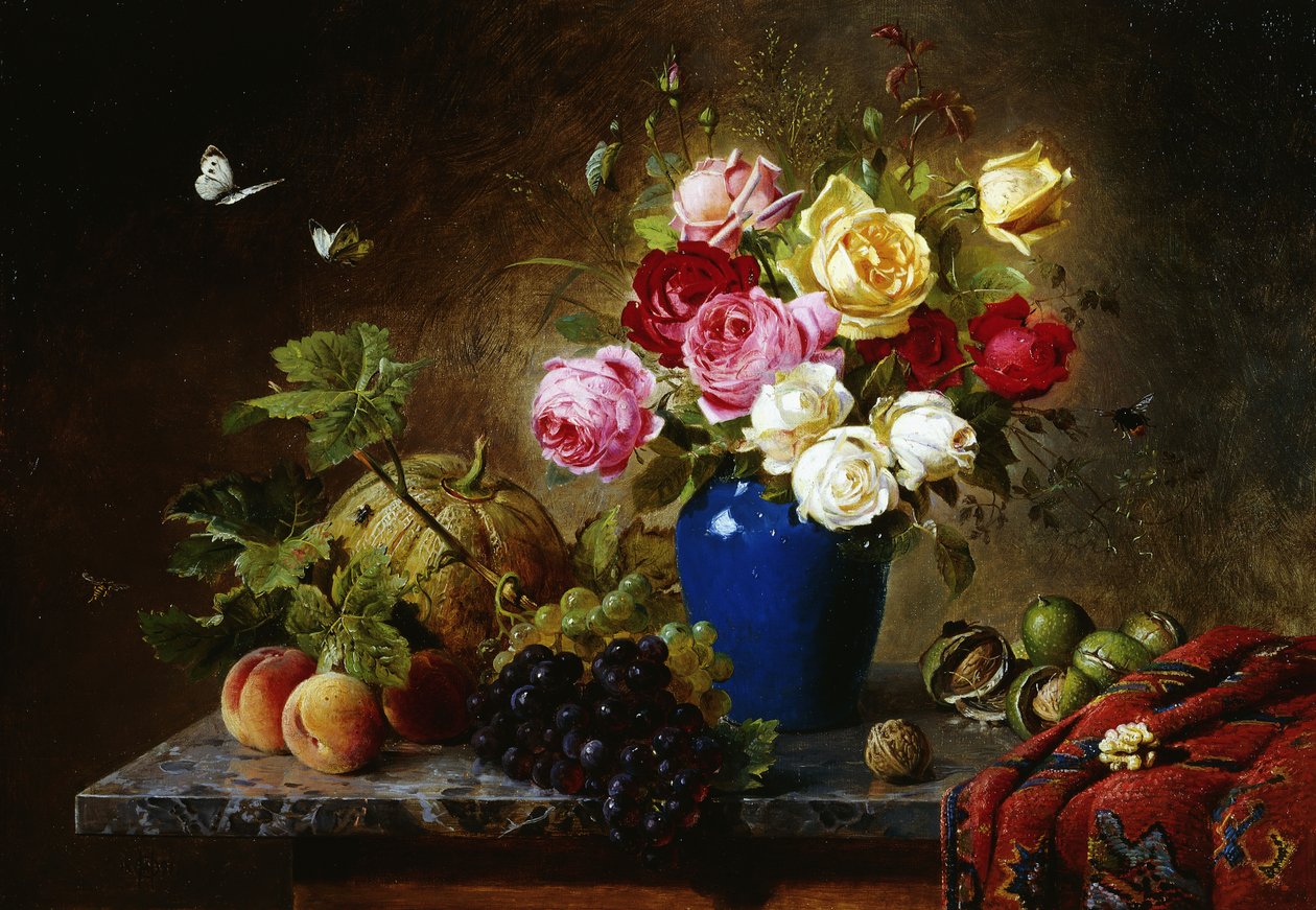Roses in a Vase, Peaches, Nuts and a Melon on a Marbled Ledge, 1891 by Olaf August Hermansen