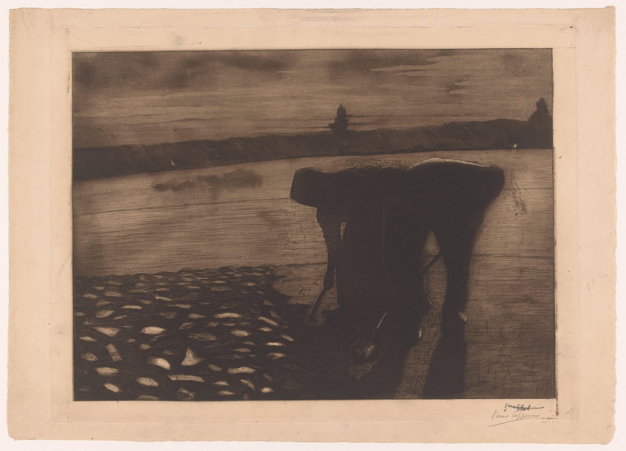 Man and Woman Working in the Evening on the Riverbank by Omer Coppens (signed by artist)