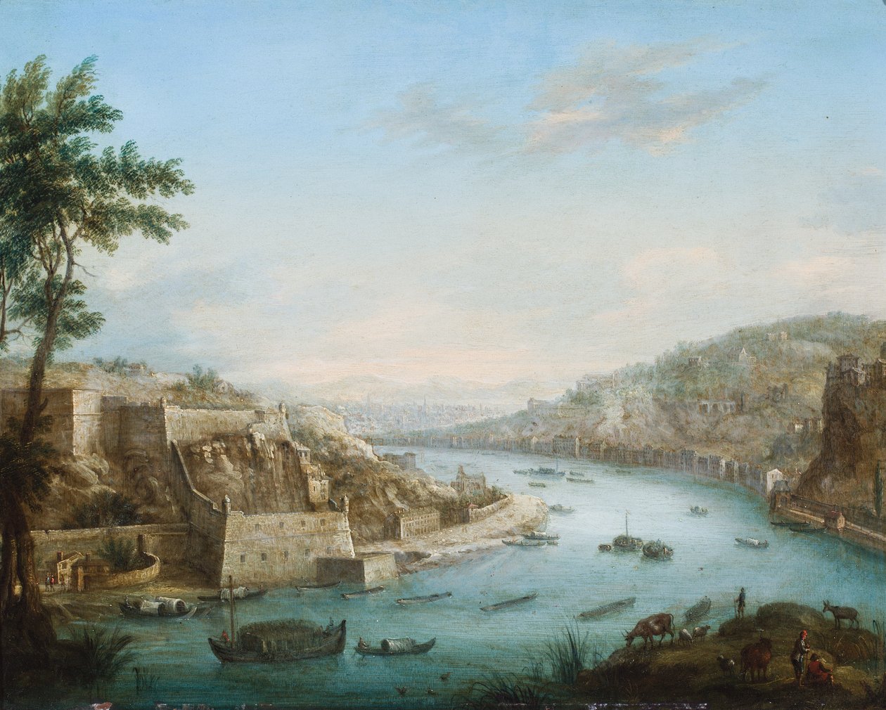 A view of a town on a river with shipping by Orazio Gravenbroeck