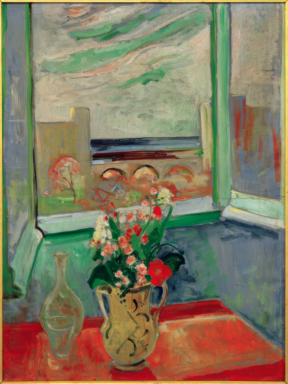 Levanto I: Bouquet of Flowers at Window with Bridge by Oskar Moll