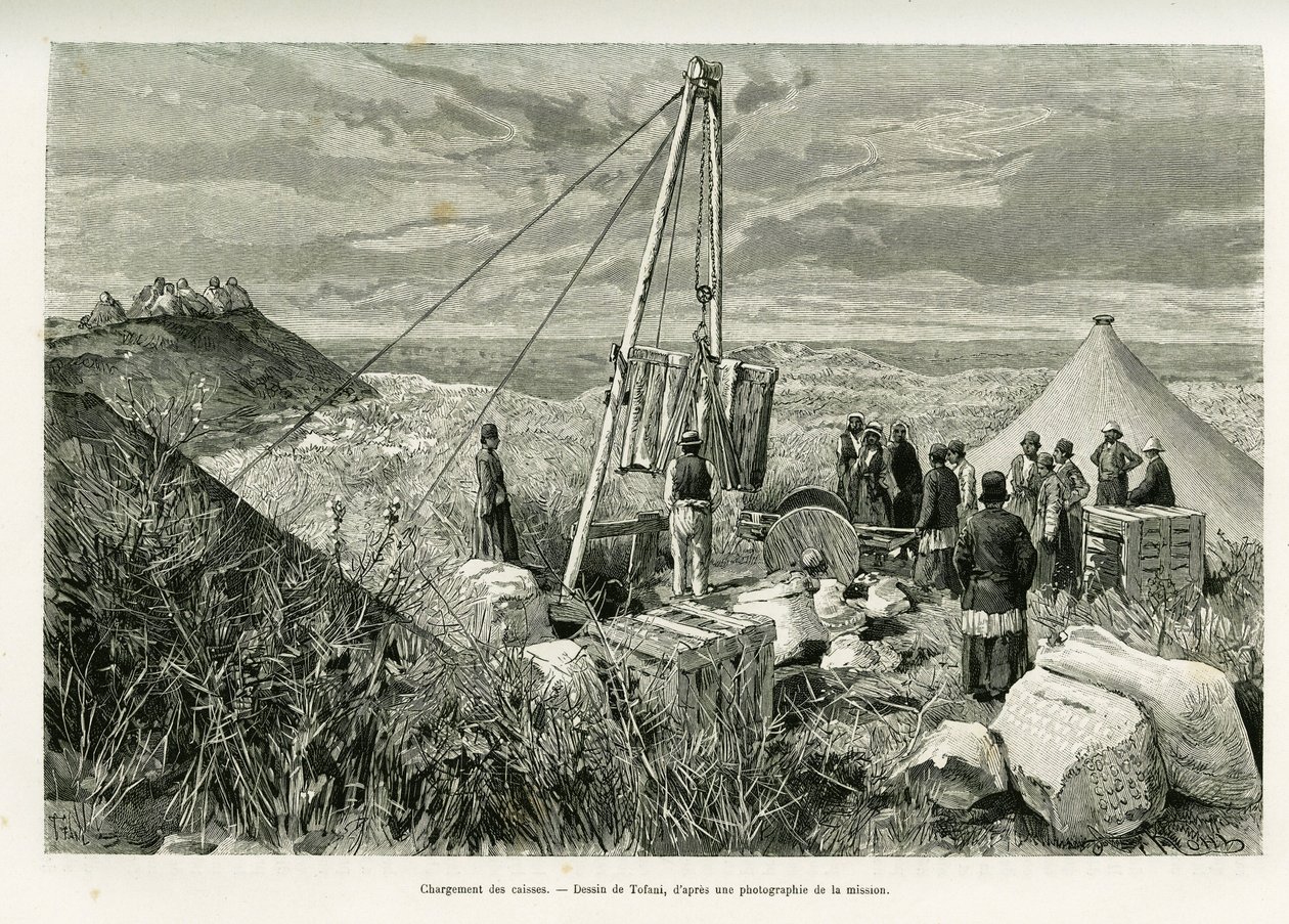 Loading the Crates of Archaeological Excavations, Persia. Engraving by Tofani, to illustrate the story 