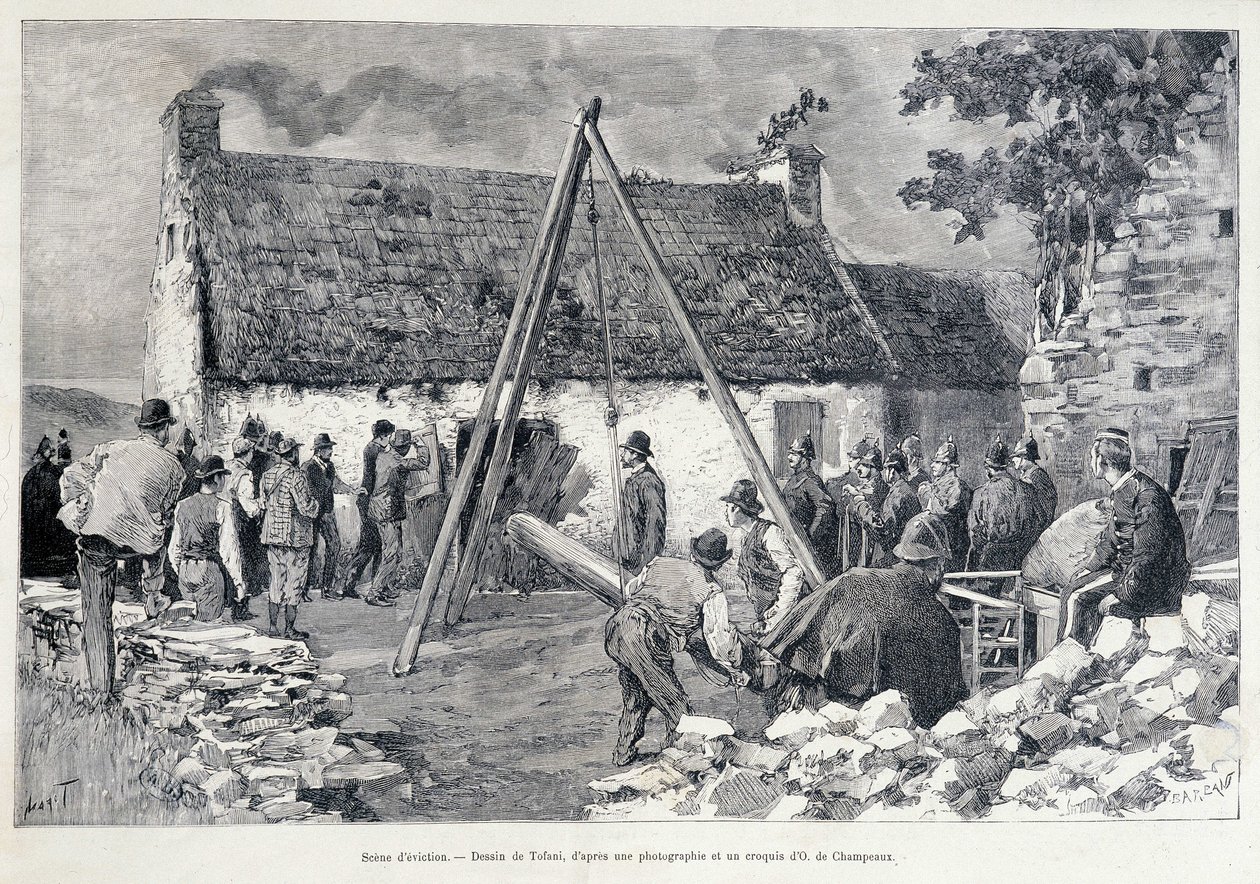 Men running through a door with the help of a belly tree to expel the occupant from the dwelling. Drawing by Tofani from a sketch of O. de Champeaux (19th century) by Oswaldo Tofani