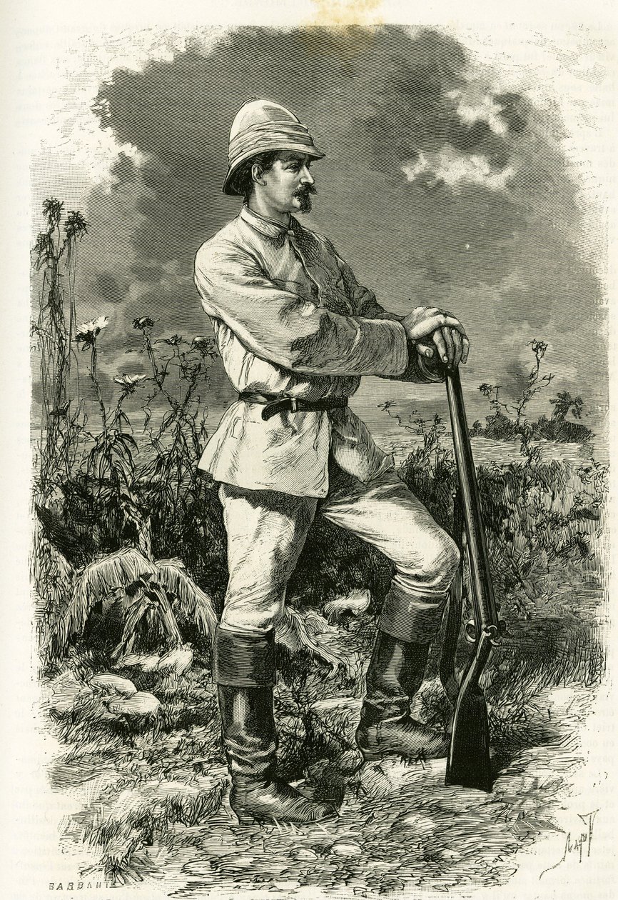 Portrait of Dr. Emile Holub in an exploration suit (engraving by Tofani, to illustrate the story 