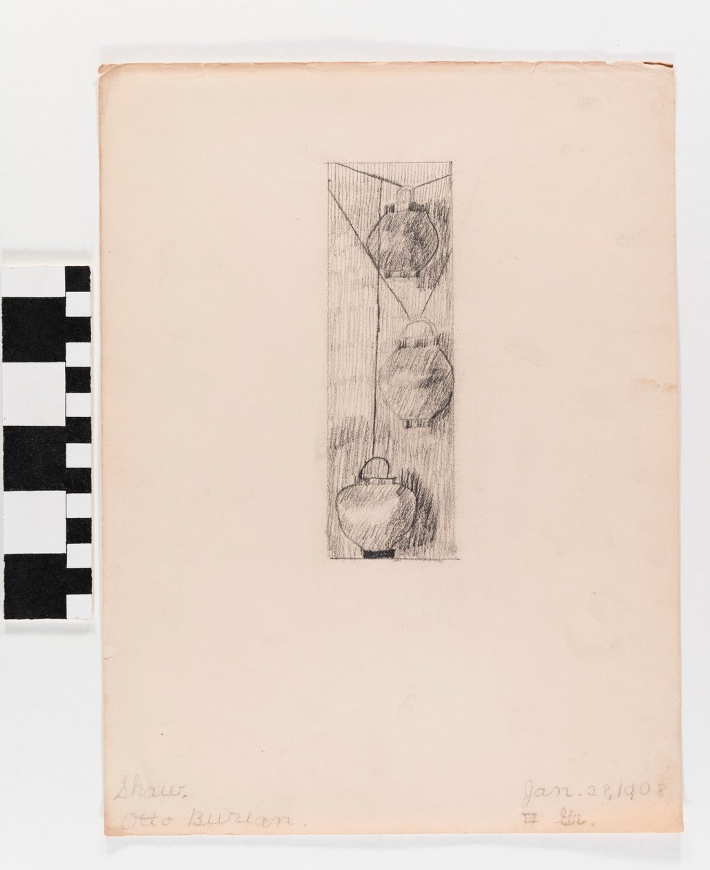 Pencil Drawing of Three Hanging Lamps on Paper by Otto Burian