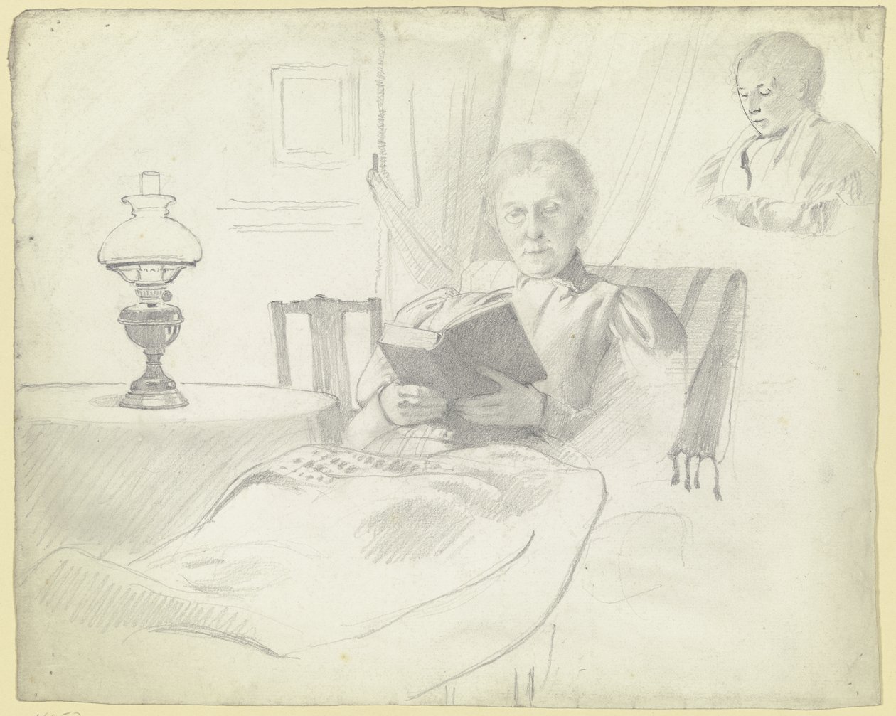 Luise Scholderer reading with table and lamp, bust of a female figure in the background by Otto Scholderer