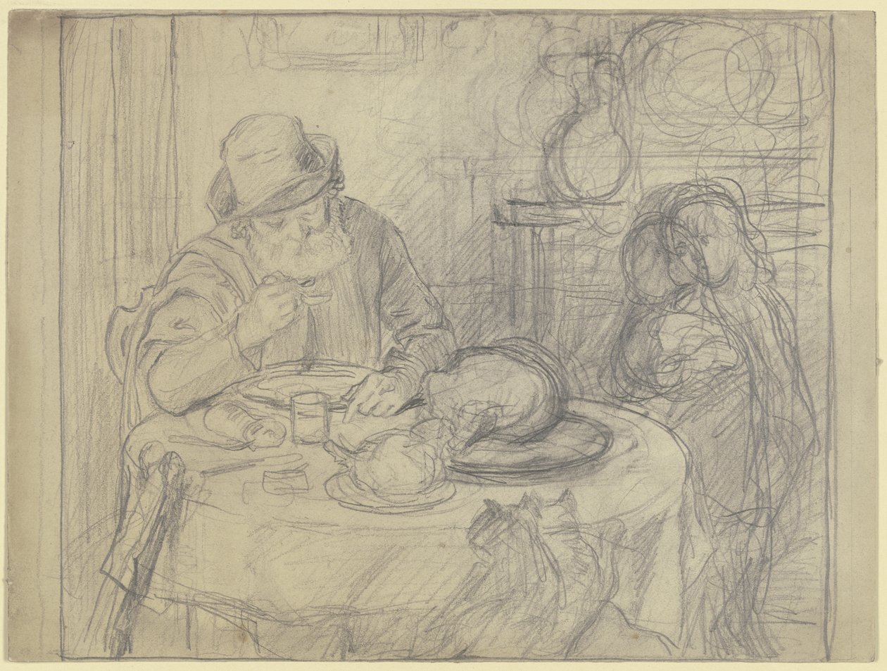 Man at Dining Table with Child and Cat by Otto Scholderer