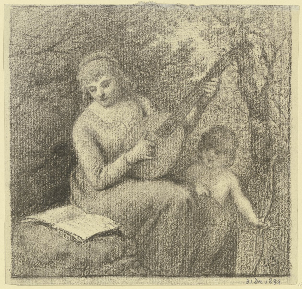 Woman Making Music with Cupid by Otto Scholderer