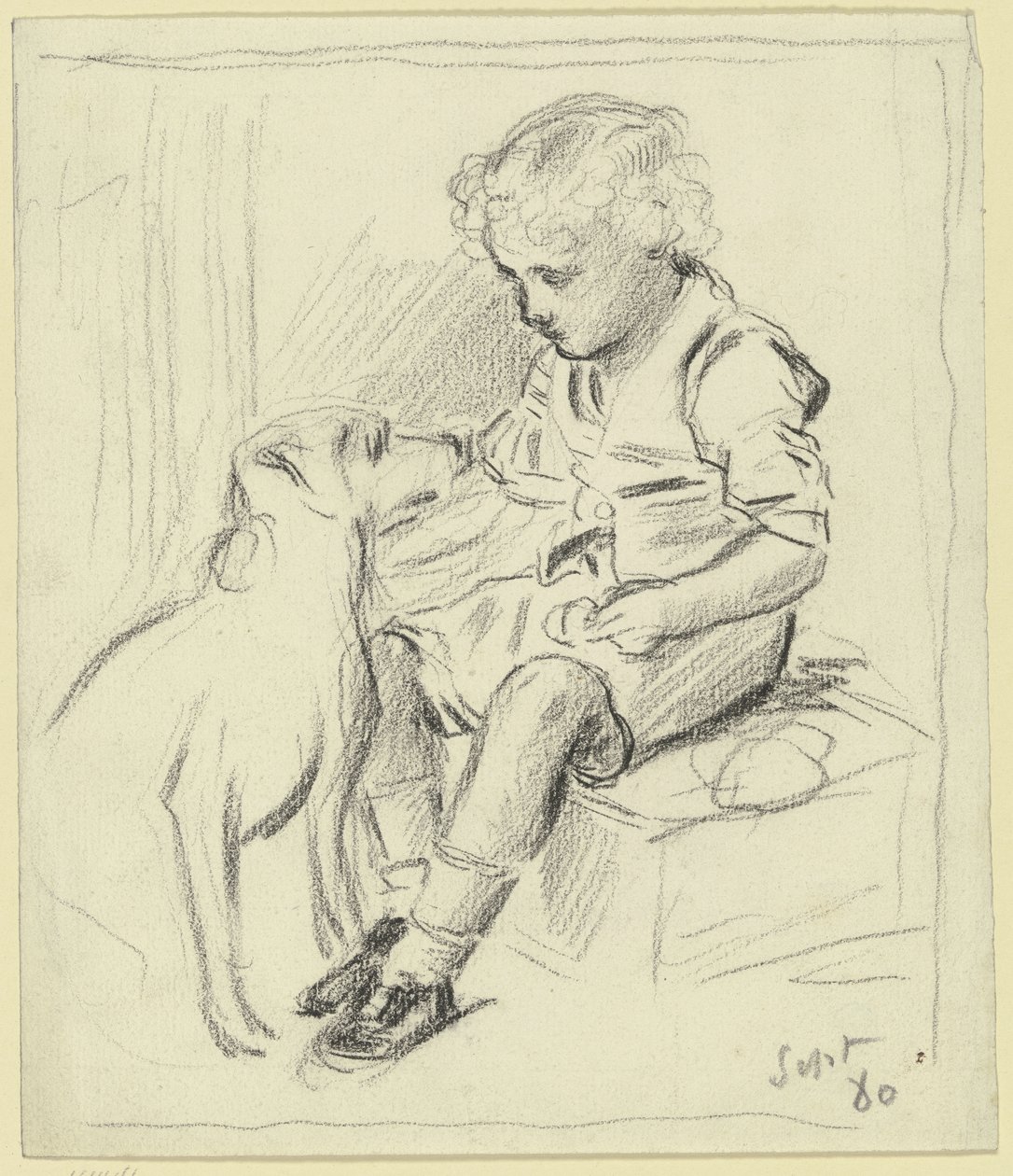 Seated Boy with Seated Dog by Otto Scholderer