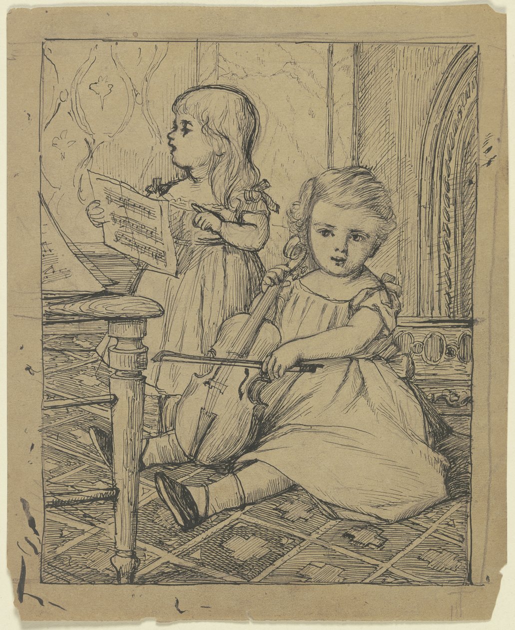Two Children Playing Music by Otto Scholderer
