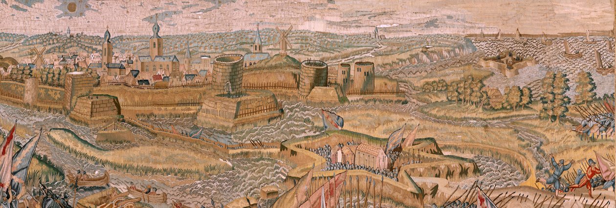 Flemish tapestry. Series Triumphs and battles of Archduke Albert. Assault and capture of the entrenched battlefield of Hulst. Sixth tapestry in the series. Model Otto van Veen and Hans I Snellinck. Manufacture Martin Reynbouts, Brussels by Otto van Veen