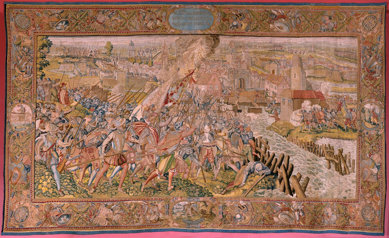 Flemish Tapestry. Series Triumphs and Battles of Archduke Albert. Surprise at Calais. First Tapestry in the Series. Model Otto van Veen and Hans I Snellinck. Manufacture Martin Reynbouts, Brussels. 1597-1599. Fabric Gold, Silver, Silk and Wool. by Otto van Veen