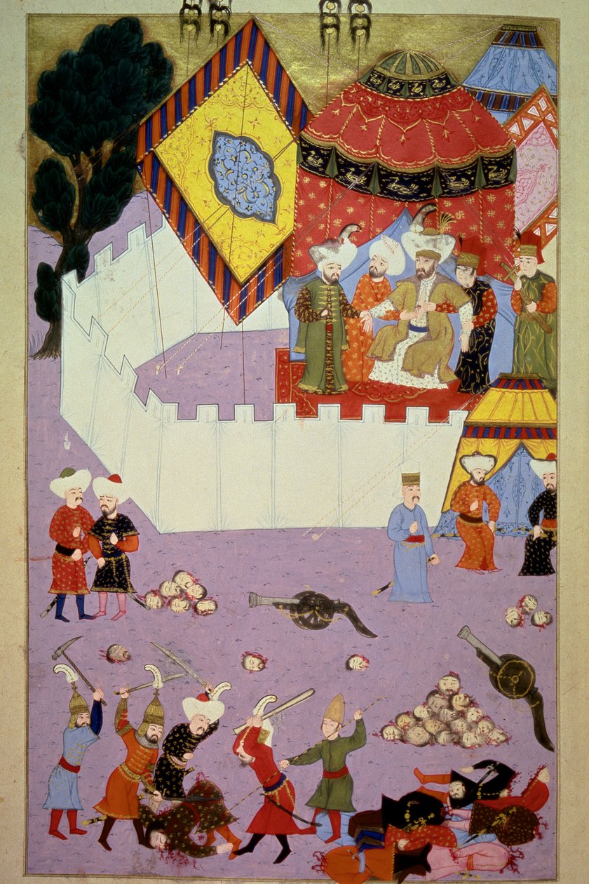 The assassination of Sultan Murad I (1326-1389) by Serbian knight Milos Obilic in the Battle of Kosovo following the victory of the Ottomans over the Serbs. Miniature from Lokman