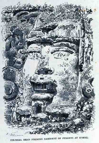 Colossal Head Forming Base of Pyramid at Izamal, from The Ancient Cities of the New World, by Claude-Joseph-Desire Charnay, pub. 1887 by P. after Sellier