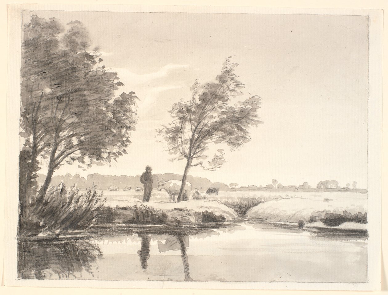 Landscape with Fields, Trees, Cows, and a Farmer Reflecting in the Foreground Water by P.C. Skovgaard