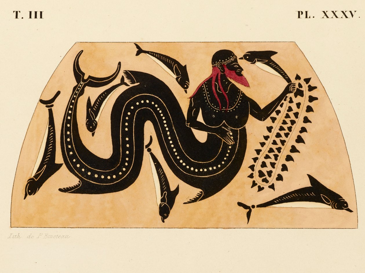 Print of the Decoration on a Greek Amphora, showing Poseidon accompanied by Dolphins, c. 1858 by P. Bineteau