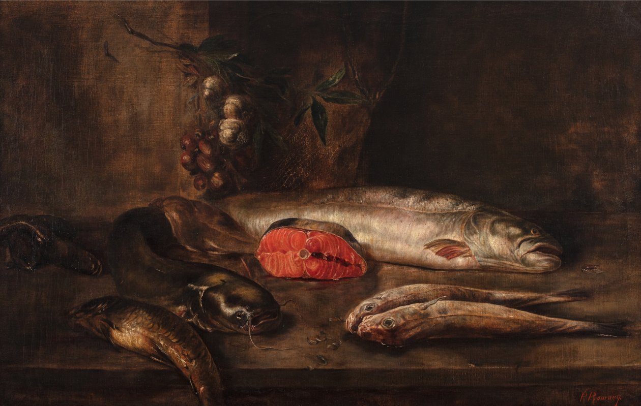 A Still Life of Fish with a Carp, Catfish, Salmon, Red Mull, Eels, and Sole on a Tabletop with Hanging Garlic and Shallots by P. Romney